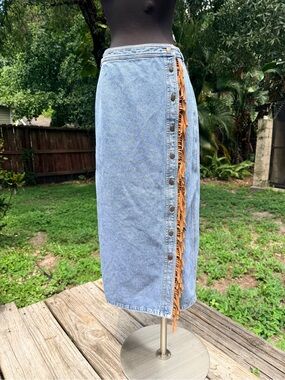 Vintage 90s DKNY Western Denim Jean Fringe Skirt